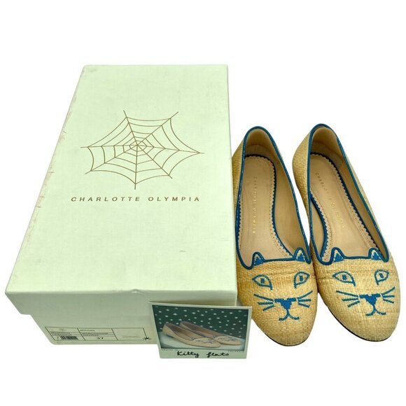 Charlotte Olympia Beige and Blue Raffia Kitty Flats Loafers RARE EU 37 US 6.5-7 - Picture 3 of 12